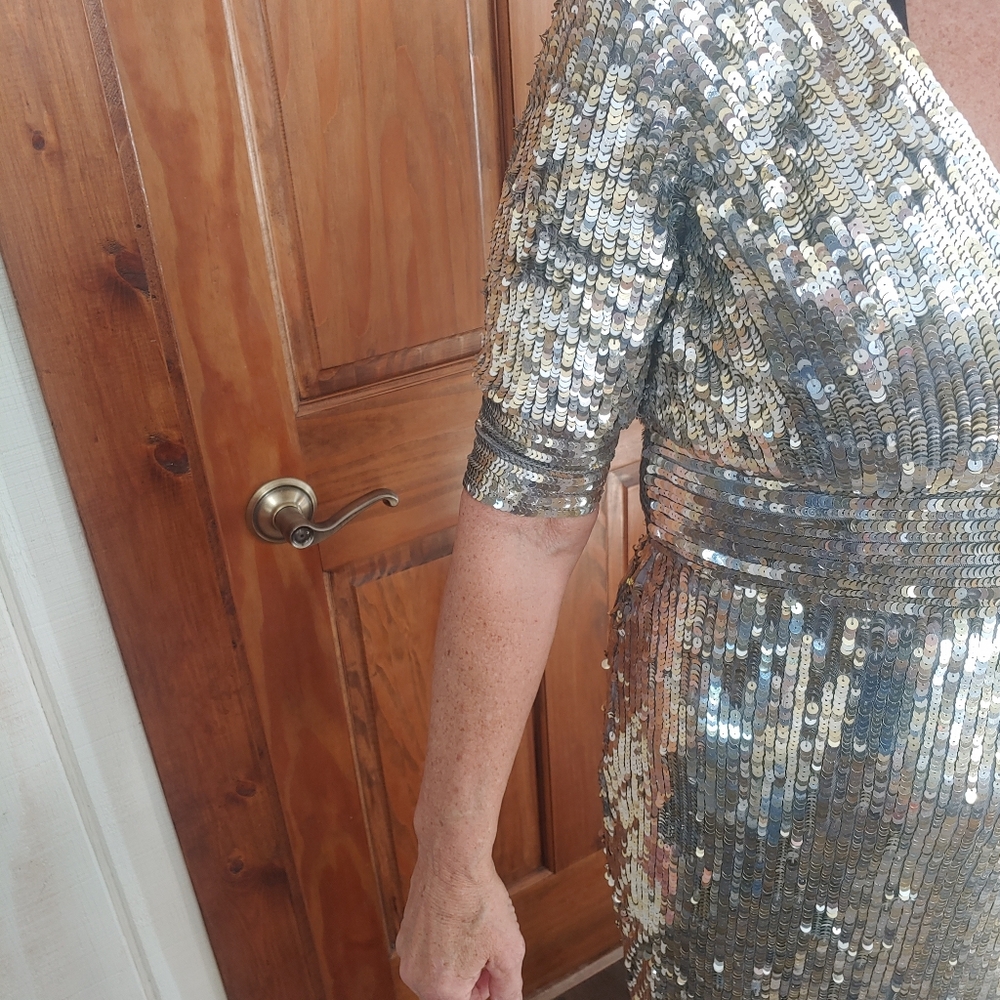 Mac Duggal Platinum Gold Silver Sequined V Neck Gown Dress Size 10 4707 - Picture 9 of 10